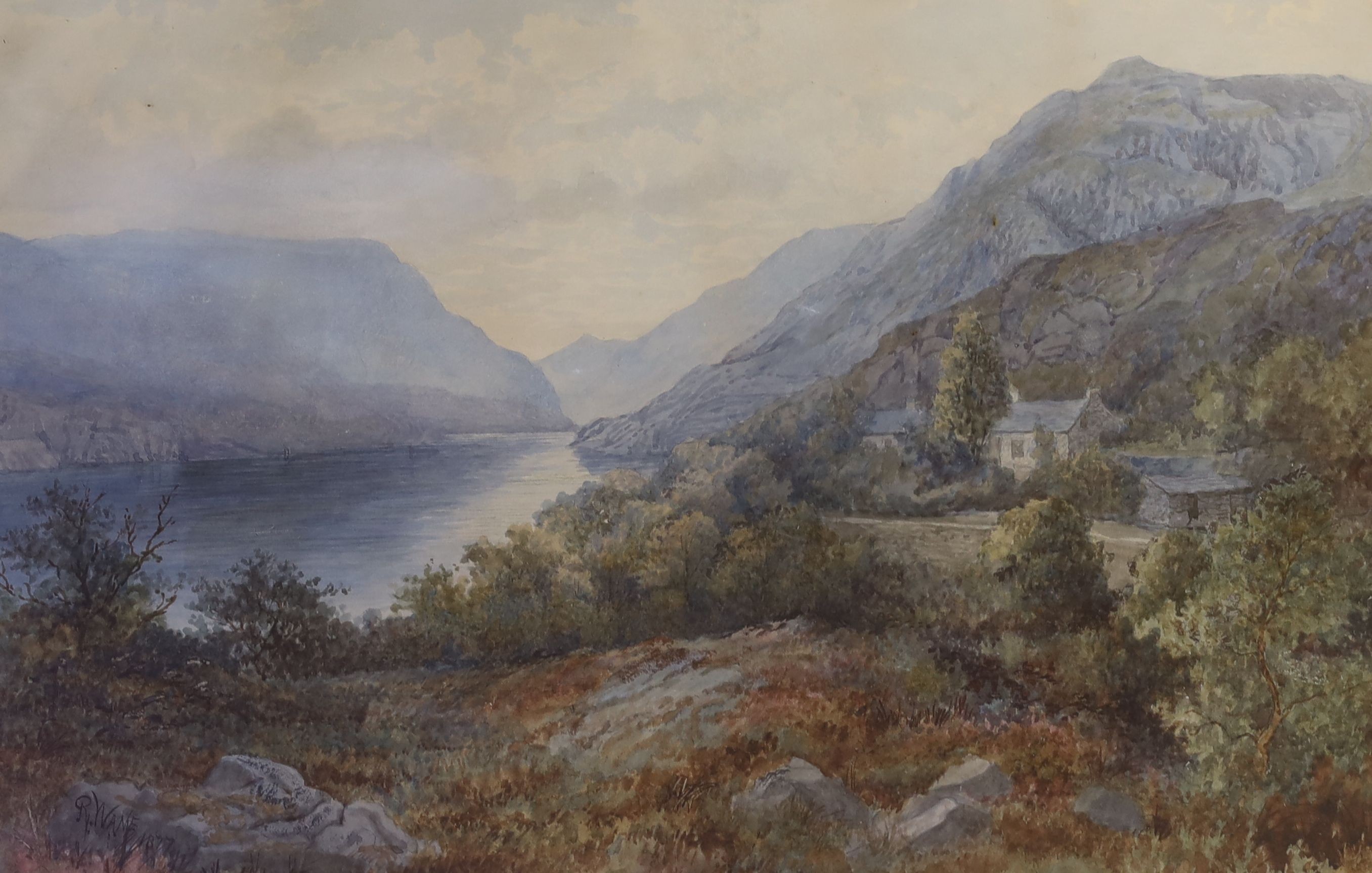 Richard Wane (1852-1904), pair of watercolours, Mother and child on stepping stones and Coastal valley, signed and dated 1877, 38 x 56cm